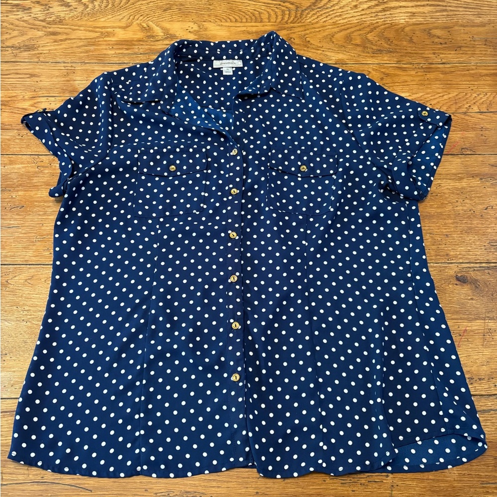 Classic Retro Navy & White Polka-Dot Old Money Blouse w/Roll Tab Sleeves & Gold